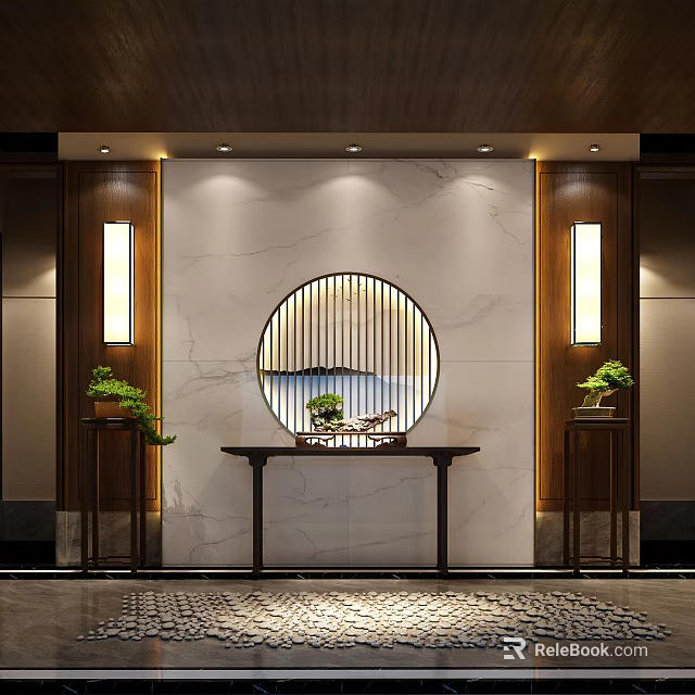 Modern Marble Background Wall With Circular Decor Wooden Lamps Console Table And Potted Plants 3d model 