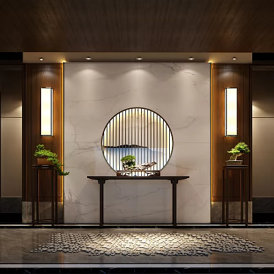 Modern Marble Background Wall With Circular Decor Wooden Lamps Console Table And Potted Plants 3d model