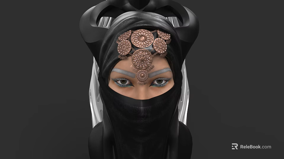 Woman With Intricate Black Headpiece And Copper Floral Decorations Veil Exposed Eyes Elaborate Makeup 3d model 