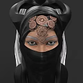 Woman With Intricate Black Headpiece And Copper Floral Decorations Veil Exposed Eyes Elaborate Makeup