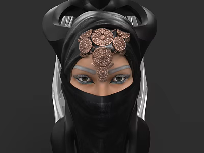 Woman With Intricate Black Headpiece And Copper Floral Decorations Veil Exposed Eyes Elaborate Makeup 3d model