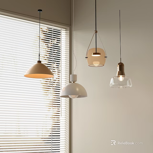 Modern Pendant Lights With Minimalist Design Beige White Transparent Glass Shades Interior With Window Blinds 3d model 