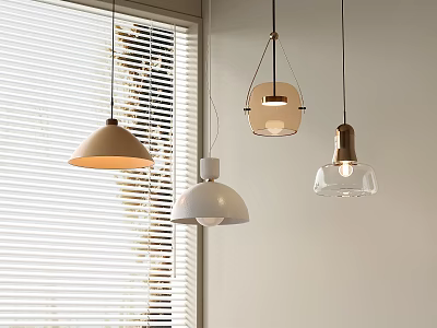 Modern Pendant Lights With Minimalist Design Beige White Transparent Glass Shades Interior With Window Blinds 3d model