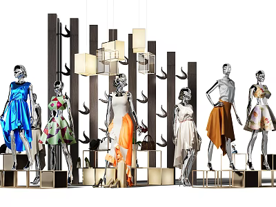 Silver Mannequins Wearing Colorful Dresses In Display Area With Geometric Decorations And Hanging Lamps 3d model