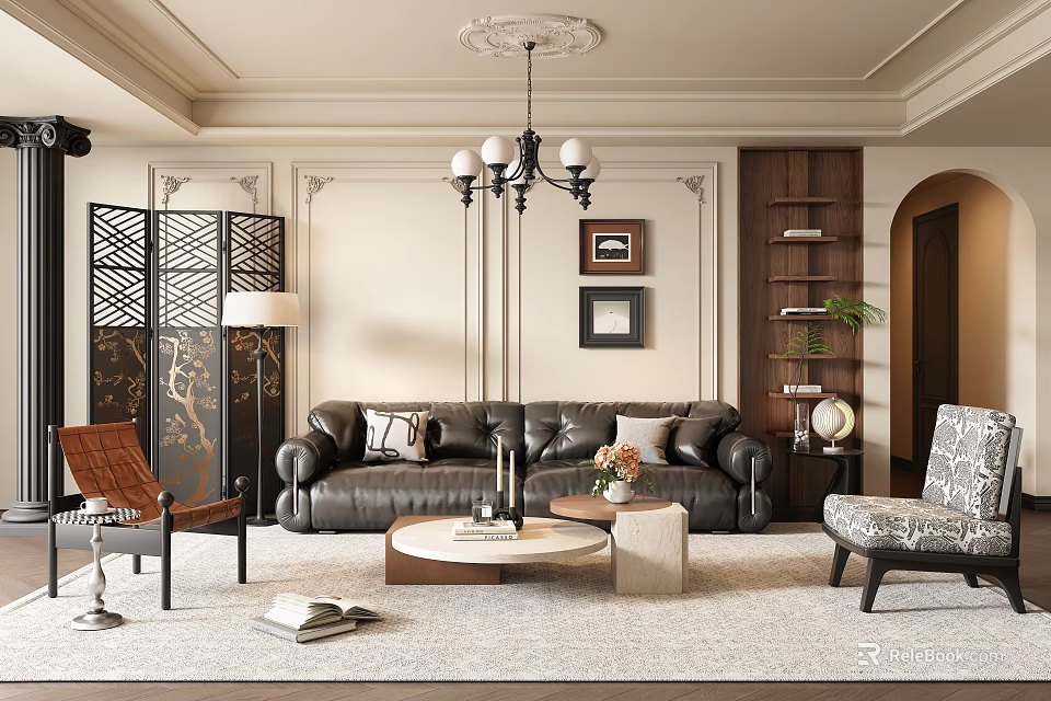 Elegant Living Room Interior With Black Leather Sofa Chandelier Decorative Screens And Wall Moldings 3d model 