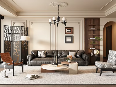 Elegant Living Room Interior With Black Leather Sofa Chandelier Decorative Screens And Wall Moldings 3d model