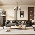 Elegant Living Room Interior With Black Leather Sofa Chandelier Decorative Screens And Wall Moldings