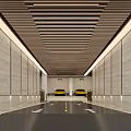 Modern Parking Garage with Decorative Ceiling Lights Yellow Sports Cars and Lane Markings