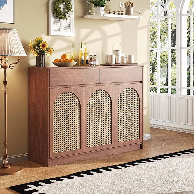 Wooden Storage Sideboard with Rattan Weave Doors and Decorative Items in Bright Living Room 3d model 