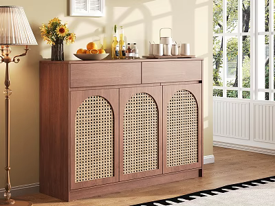 Wooden Storage Sideboard with Rattan Weave Doors and Decorative Items in Bright Living Room 3d model