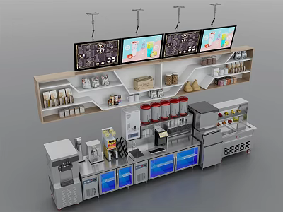 Commercial Equipment Setup With Menu Screens Shelves And Refrigerated Counter For Beverage Shop 3d model