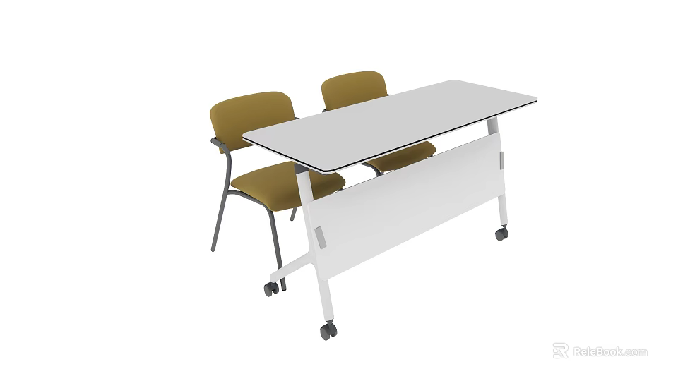 Mobile Conference Table With White Tabletop And Yellow Chairs On Wheels 3d model