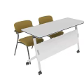Mobile Conference Table With White Tabletop And Yellow Chairs On Wheels 3d model