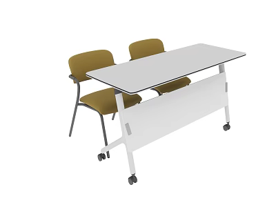 Mobile Conference Table With White Tabletop And Yellow Chairs On Wheels 3d model