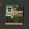 Green Kitchen Interior With Cabinets Window Sink Microwave And Kitchen Items 3d model