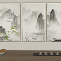 Three Panel Ink Wash Landscape Paintings With Mountain Peaks Misty Clouds And Boat