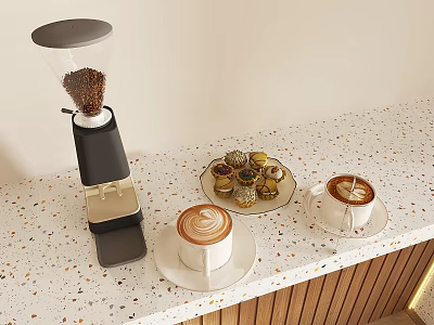 Coffee Grinder With Coffee Beans Latte Art Coffee Cups And Pastries On Speckled Countertop 3d model