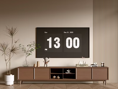 Modern Wooden TV Stand With Large Screen TV Potted Plants And Decorative Items 3d model