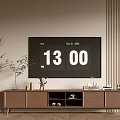 Modern Wooden TV Stand With Large Screen TV Potted Plants And Decorative Items
