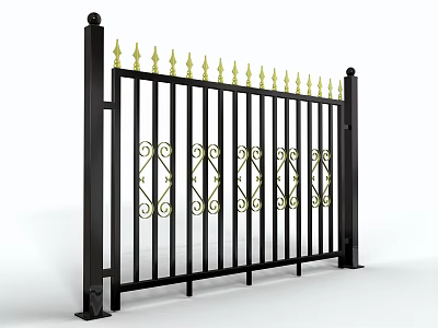 Black Iron Fence with Golden Spiked Top and Intricate Decorative Patterns 3d model