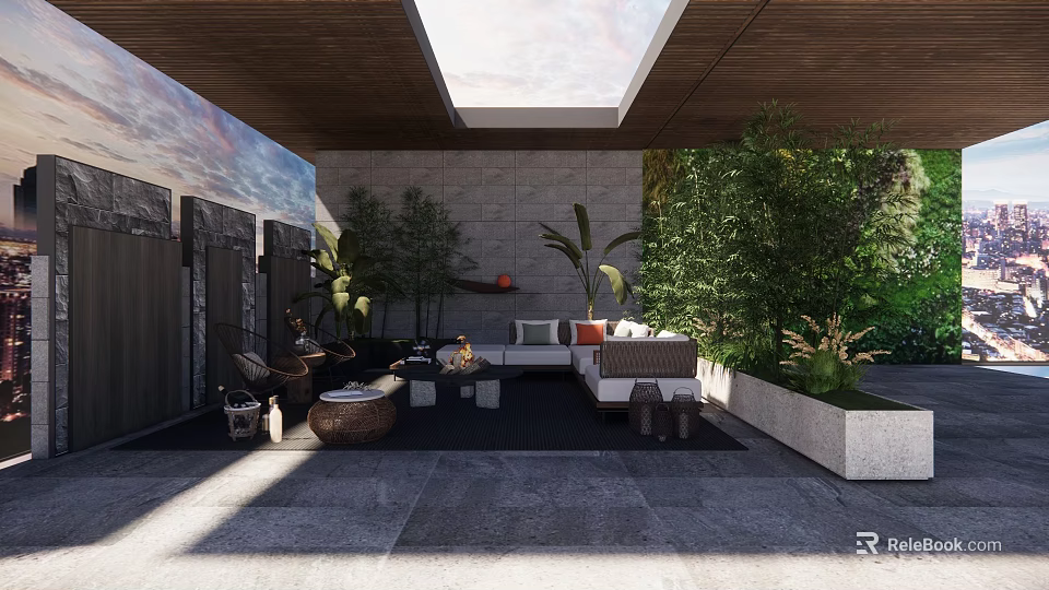 Rooftop Garden Design With Lush Green Plants Cozy Seating Area And Natural Light 3d model 