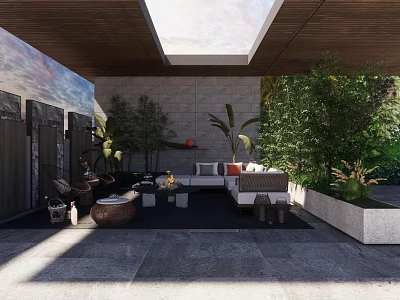 Rooftop Garden Design With Lush Green Plants Cozy Seating Area And Natural Light 3d model