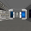 Tech Library Exhibition Hall with Bookshelves Large Screens and People