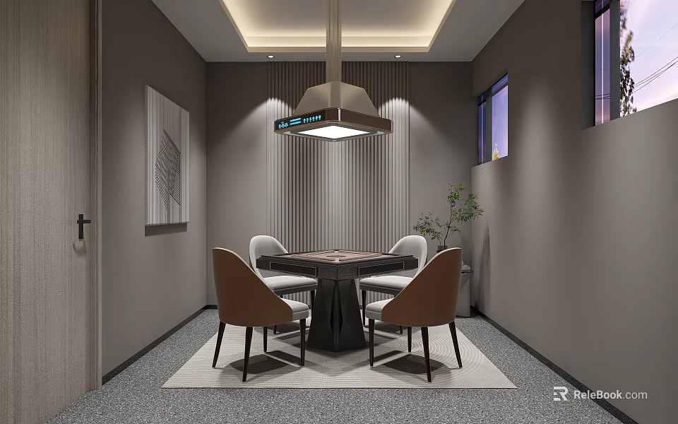 Modern Hotel Mahjong Room Interior With Mahjong Table Comfortable Chairs Pendant Lighting And Wall Art 3d model 