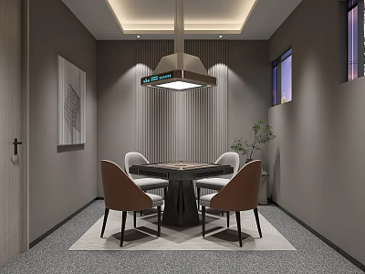 Modern Hotel Mahjong Room Interior With Mahjong Table Comfortable Chairs Pendant Lighting And Wall Art 3d model