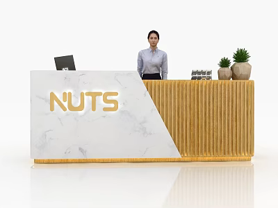 Modern Reception Desk With White Marble Countertop Wooden Slatted Side And Golden NUTS Logo 3d model