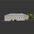 Cartoon Style Model House Scene With Gray Roof Green Lawn Trees And Pathway