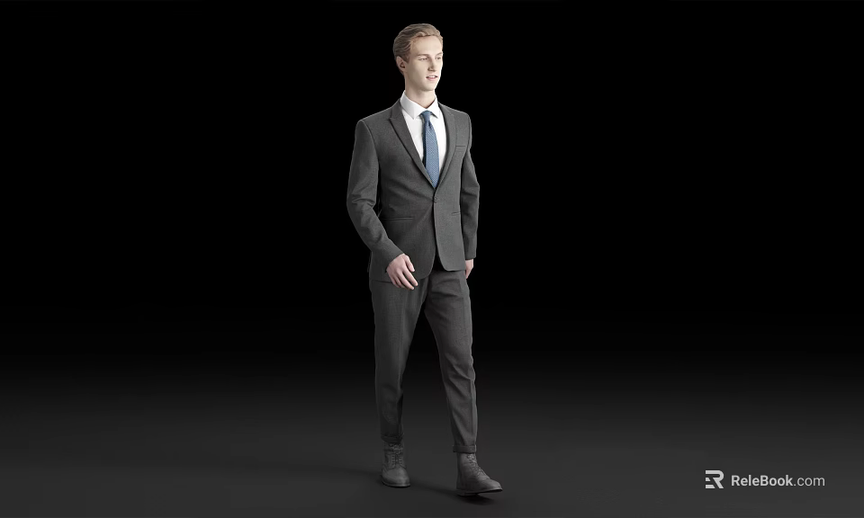 Man Walking in Formal Gray Suit With Blue Tie Against Black Background 3d model 