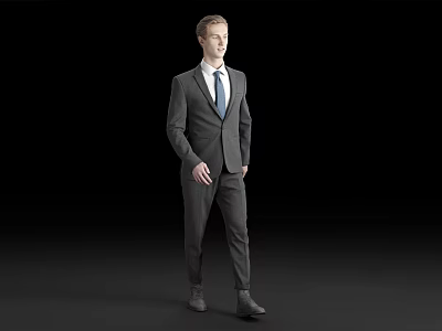 Man Walking in Formal Gray Suit With Blue Tie Against Black Background 3d model