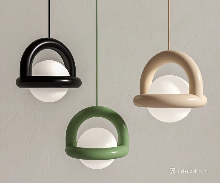 Modern Minimalist Pendant Lights With Circular Ring Design And White Sphere In Black Green Beige 3d model 