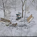 Snowy Winter Park Scene with Snowman Benches Flower Pots and Snow Covered Trees