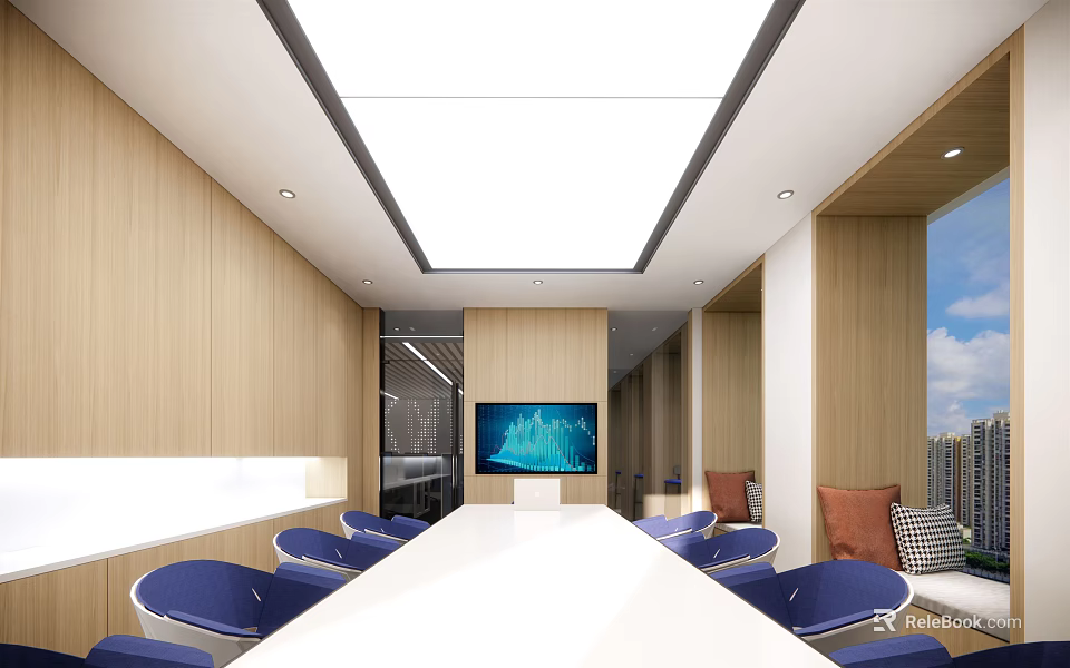 Modern Meeting Room Interior With Long Table Blue Chairs TV Screen And Wooden Walls 3d model 
