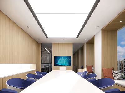 Modern Meeting Room Interior With Long Table Blue Chairs TV Screen And Wooden Walls 3d model