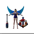 Winged Female With Blue Luminous Wings Blonde Hair Blue Costume Near Anchor And Mariners Baton