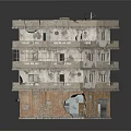 Old Multi Storey Residential Building with Peeling Walls Broken Windows Entrance Door and Rooftop Antennas