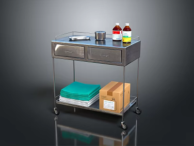 Stainless Steel Industrial Utility Cart With Wheels Drawers Tray Bottles Green Cloths And Box 3d model