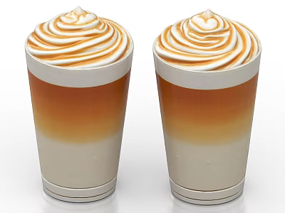 Two Layered Beverages With Swirled Whipped Cream Topping In Clear Glass Cups 3d model