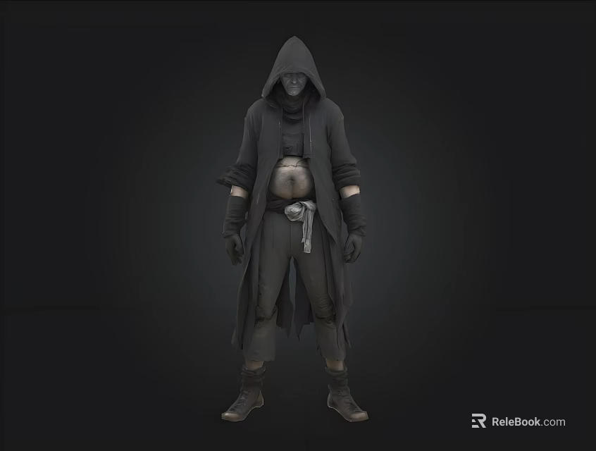 Hooded Cloaked Figure In Black Outfit With Belt Gloves And Boots 3d model 