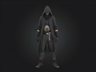 Hooded Cloaked Figure In Black Outfit With Belt Gloves And Boots 3d model