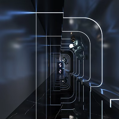 Futuristic KTV Corridor With Blue White Lighting Curved Lines Neon Effects Modern Tech Vibe 3d model