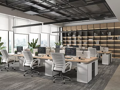 Modern Open Public Office Space With Multiple Workstations Computers Large Windows And Green Plants 3d model