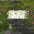 Garden Landscape With Vines Covered Arch Red Flowers Stone Wall And Path