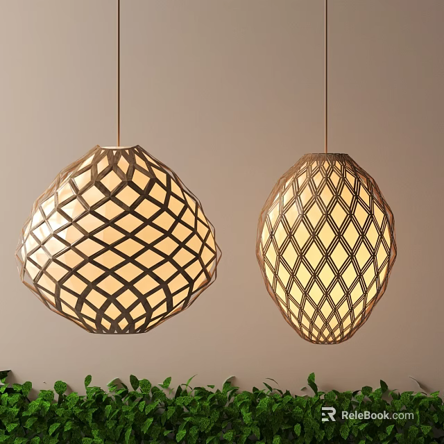 Decorative Hanging Lanterns With Woven Patterns Warm Light Against Light Wall Background Green Plants Below 3d model