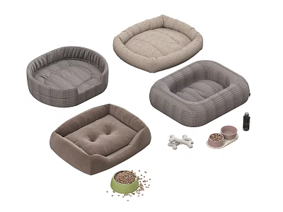Comfortable Plush Pet Furniture Beds with Bowls Toys and Water Bottle 3d model
