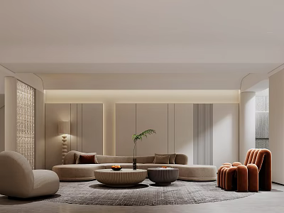 Modern Elegant Basement Interior With Sofa Round Coffee Table Armchair And Plants 3d model