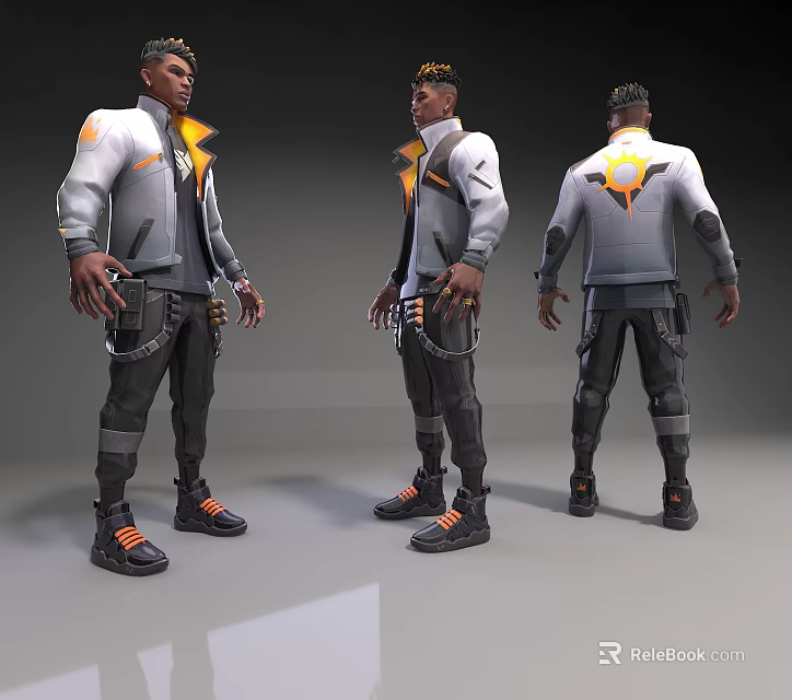 Game Character 3D Model Gray White Jacket Orange Accents Waist Chains Headpiece Orange Sole Shoes 3d model 